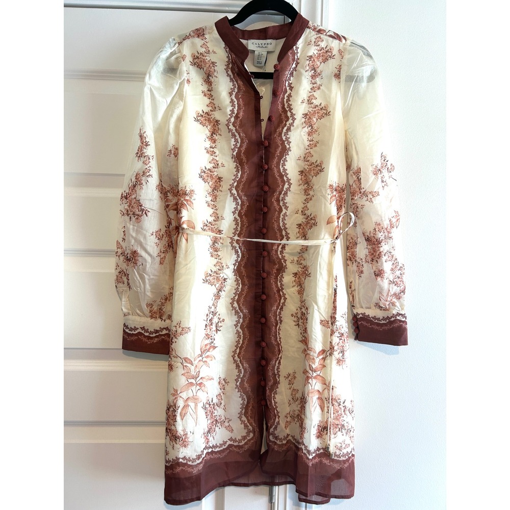 Calypso St Barth Floral Shirt Dress Rust Cream Crochet Button Medium Boho Lined